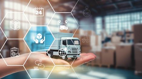 Order fulfillment icons, white truck palm, boxes in warehouse, Order delivery service work. Products shipping from stock inventory to customer hands with fast express.